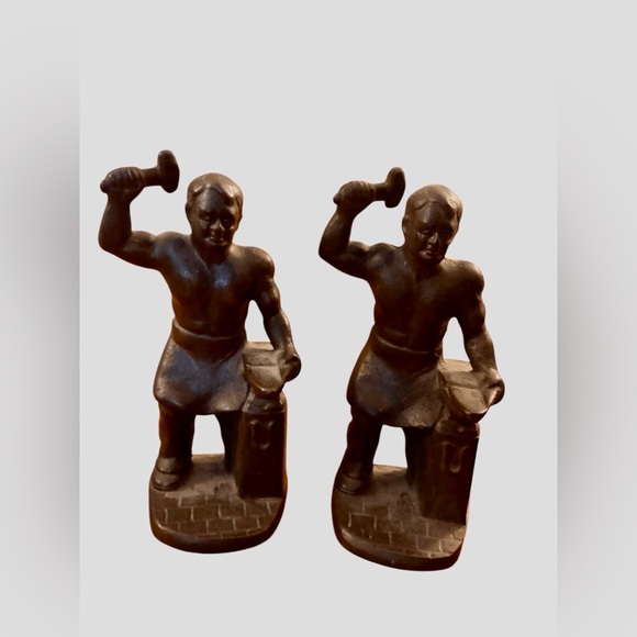Other - Vintage Cast Iron Blacksmith Figurines Industrial Worker Anvil Sculpture Pair